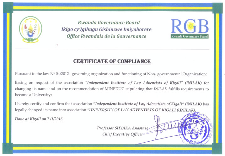 Icyangombwa cya RGB cyemerera INILAK guhindura izina ikaba UNILAK.