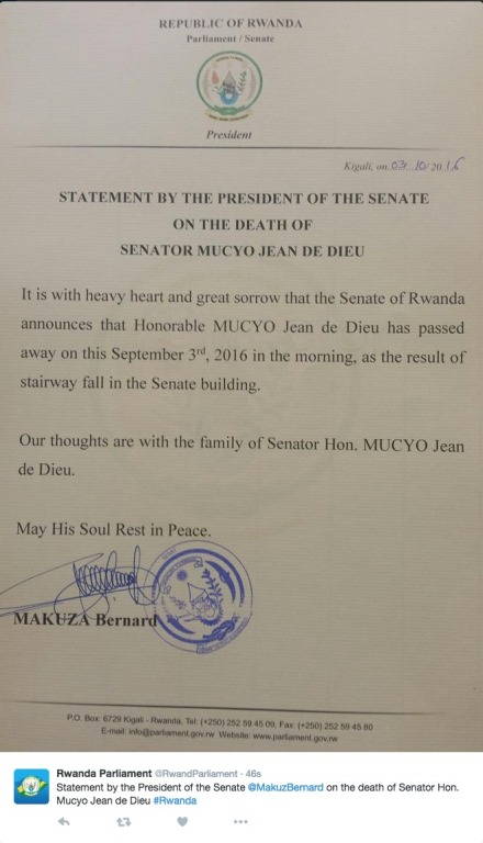 Itangazo ribika nyakwigendera Senateri Mucyo Jean De Dieu ryaturutse muri Sena 