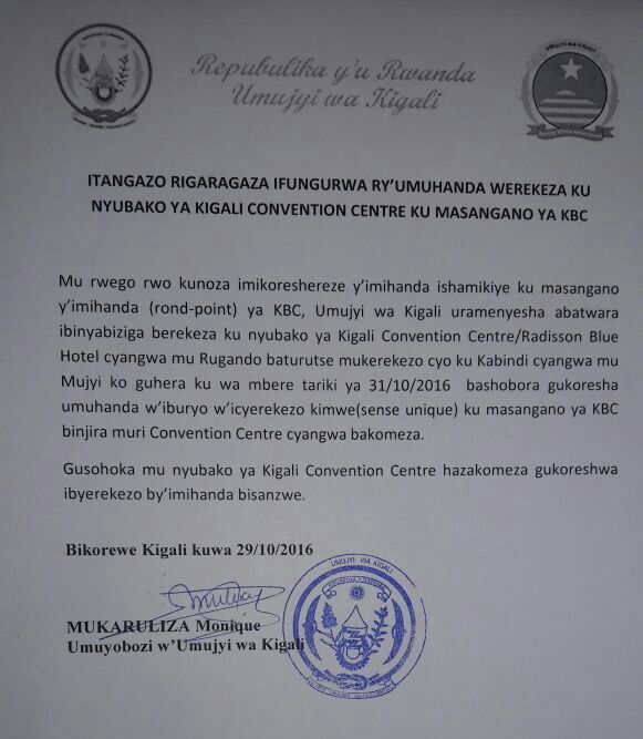 Iri tangazo ryashyizweho umukono n'Umuyobozi w'Umujyi wa Kigali Mukaruliza Monique