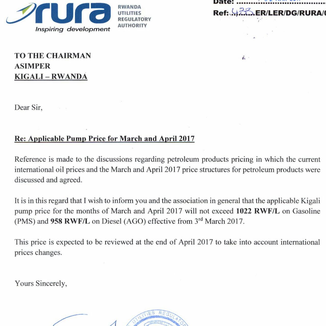 Itangazo RURA yashyize ahagaragara.