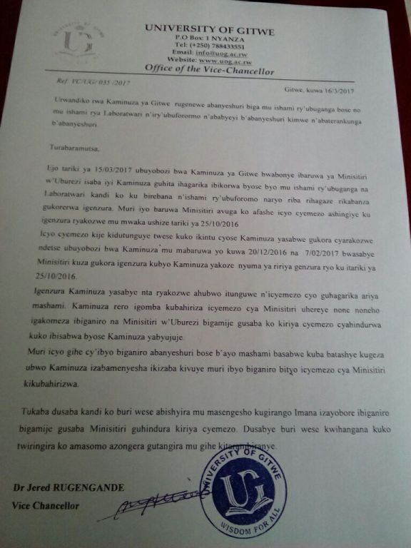 Ibaruwa ubuyobozi bwa Kaminuza ya Gitwe bwashyize ahagaragara rivuga ku bijyanye n'ihagarikwa ry'ishami ry'ubuganga 