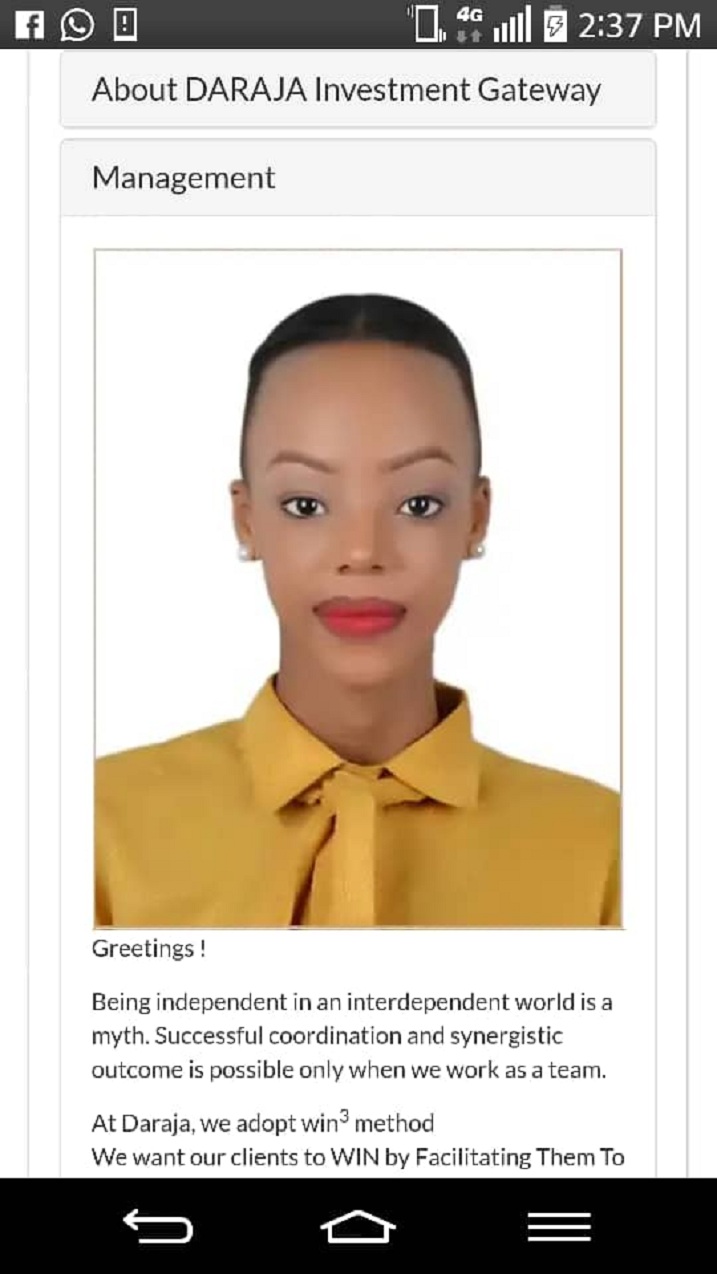 Miss Jolly ubu yakugira inama mu bijyanye n'ishoramari binyuze mu kigo Daraja abereye umuyobozi mukuru