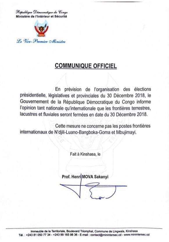 Iri ni ryo tangazo CENI ari yo komisiyo y'amatora muri Congo yashyize hanze rivuga ko imipaka izaba ifunze uretse ine gusa harimo n'uwa Goma. 