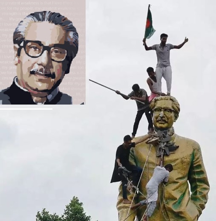 Abaturage barimo gusenya ishusho ya Sheikh Mujibur Rahman waharaniye ubwigenge bwa Bangladesh