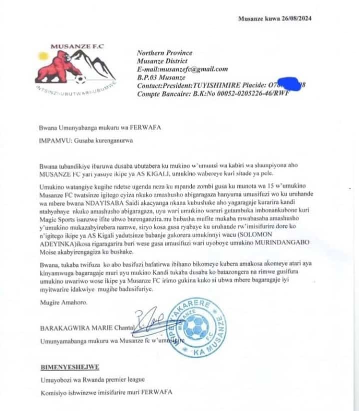 Ibaruwa Musanze FC yandikiye FERWAFA