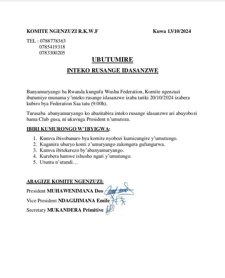 Ibaruwa ya Komite Ngenzuzi itumiza inteko rusange idasanzwe yateranye tariki 13 Ukwakira 2024 yatorewemo komite y'iyita iy'agateganyo itemerwa na Komite isanzwe iriho