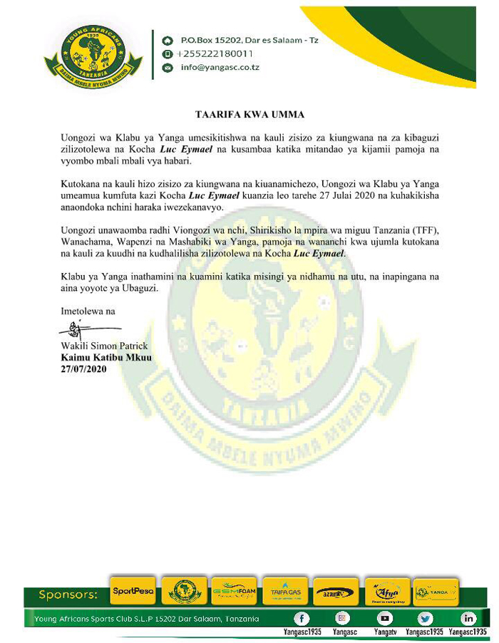 Ibaruwa ya Yanga yo gutandukana n'umutoza Luc Eymael