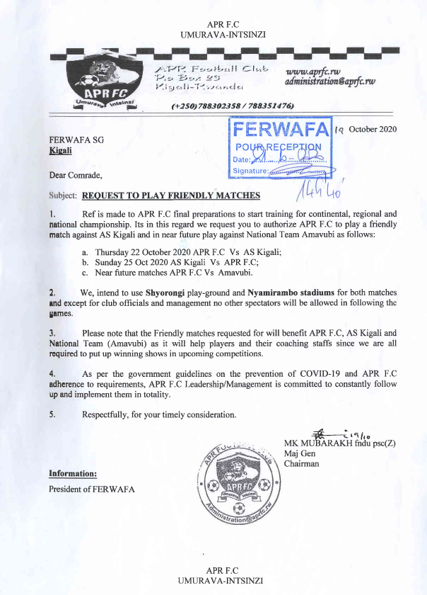 Ubuyobozi bw'ikipe y'ingabo z'igihugu bwasabye uburenganzira bwo gukina imikino itatu ya gicuti