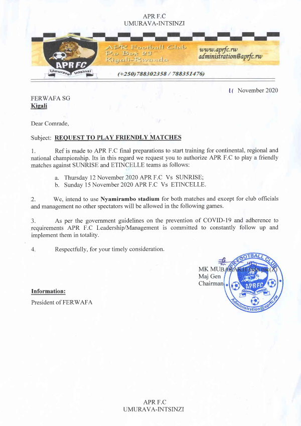 Ibaruwa yasabaga uburenganzira bwo gukina imikino ya gicuti na Sunrise FC ndetse na Etincelles FC