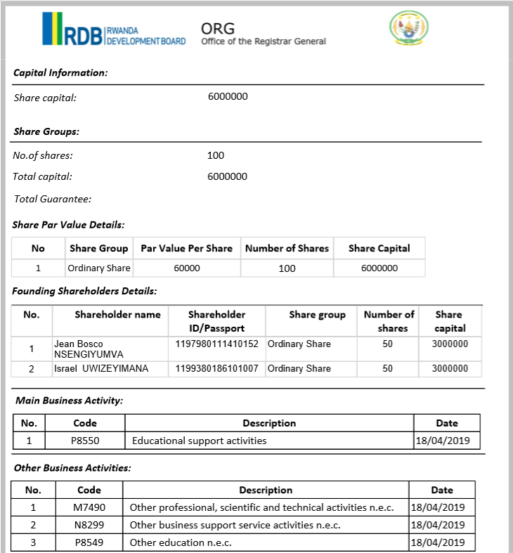 Iki ni cyo cyangombwa iyi sosiyete yahawe na RDB ibemerera gukora ibijyanye n'uburezi