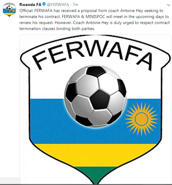 Ferwafa nayo yemeje ko Antoine Hey yasabye gusesa amasezerano