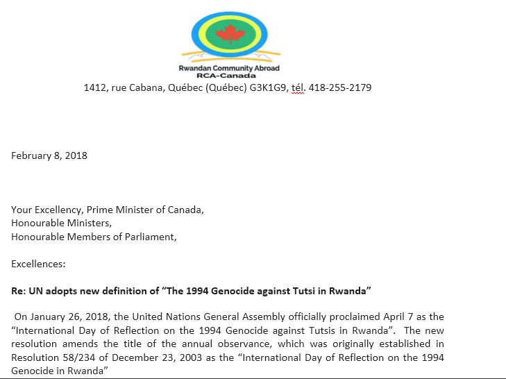Agace gato k'ibarurwa umuryango w'Abanyarwanda baba muri Canada bandikiye Minisitiri w'Intebe n'Inteko ishinga amategeko