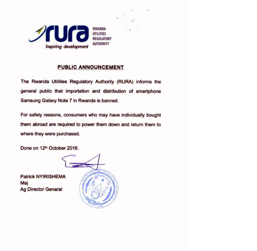 Itangazo rya RURA rihagarika Samsung Galaxy Note 7 ku isoko ryo mu Rwanda